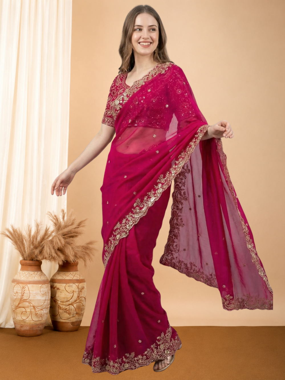 Fancy satin silk saree with sequence work and Ready made blouse.